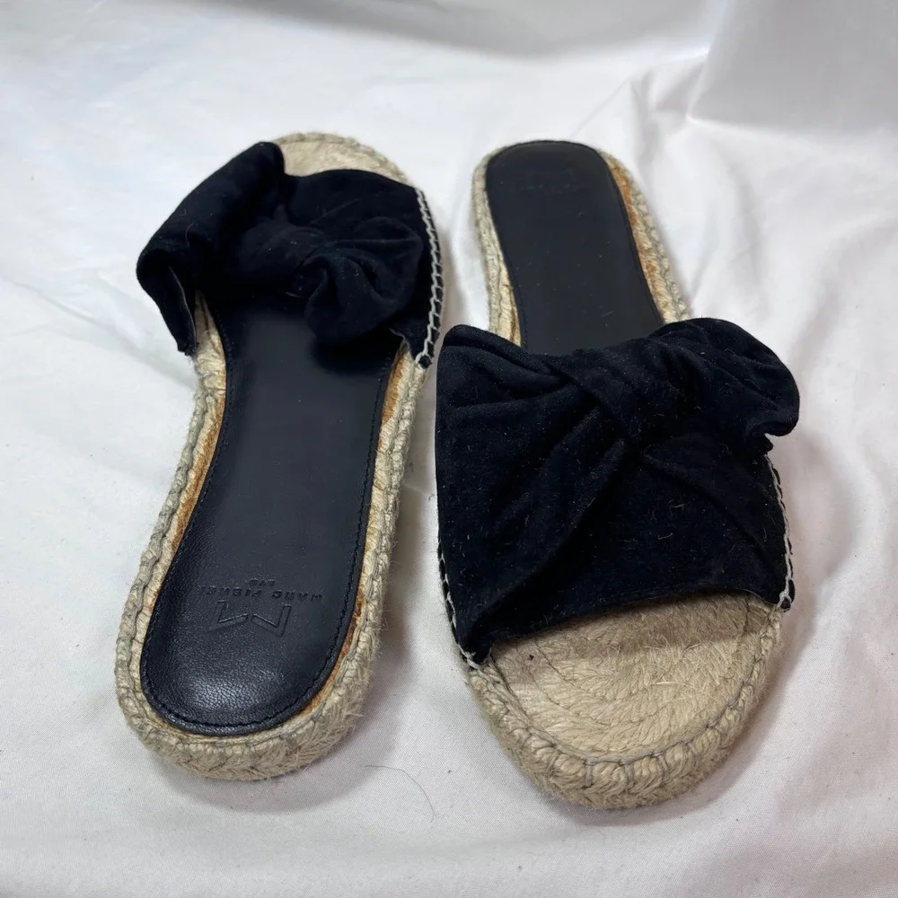 Marc Fisher Valey Slide Sandals Women 11 Black Suede Bow Espadrille Flat MLVALEY